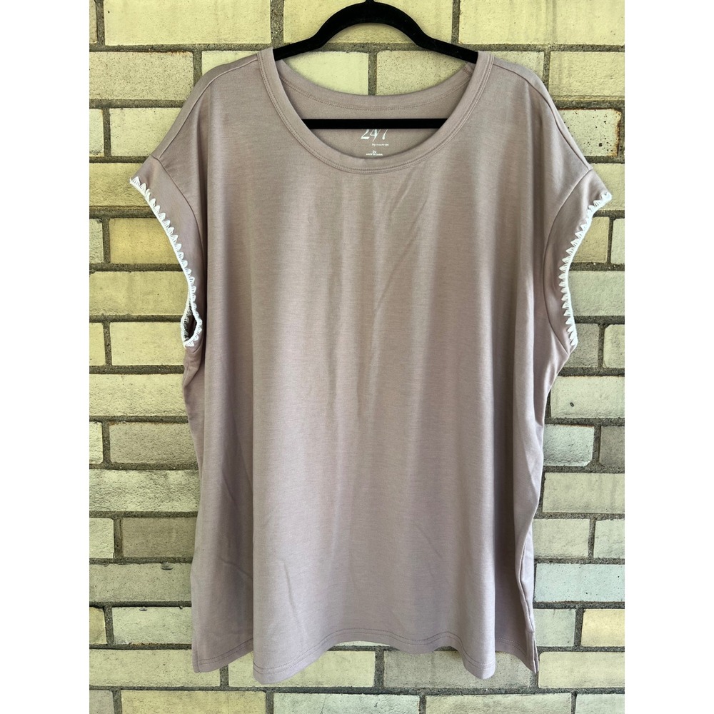 24/7 by Maurices Rosy Brown Crochet Trim Sleeve French Terry Top Mauve Size 2X